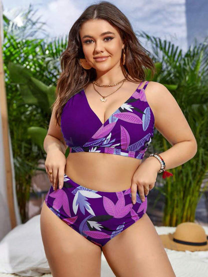 Plus-Size Floral Crossover High-Waist Bikini Set