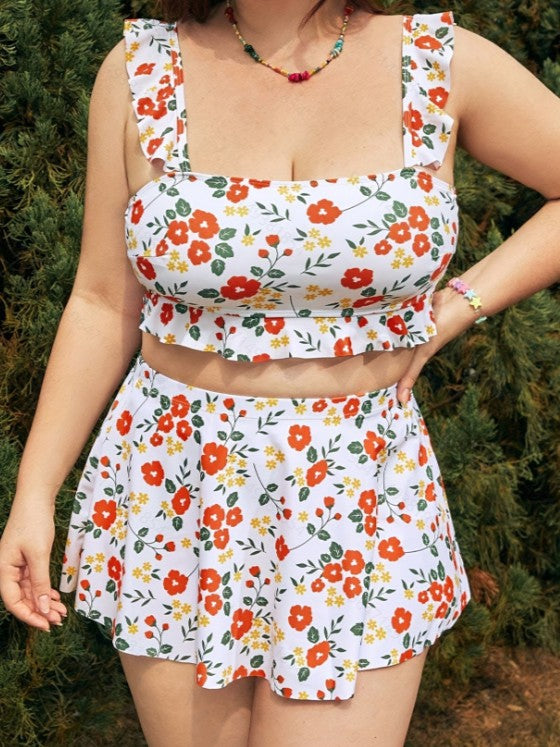 Plus-Size Floral Ruffle-Strap Three-Piece Skirted Swim Set
