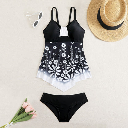 Floral Print Cyan Ombre Swimdress And Panty Rose Red