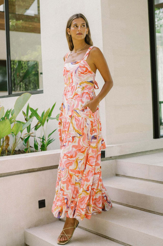New High-End Beach Floral Print Long Camisole Dress Pink