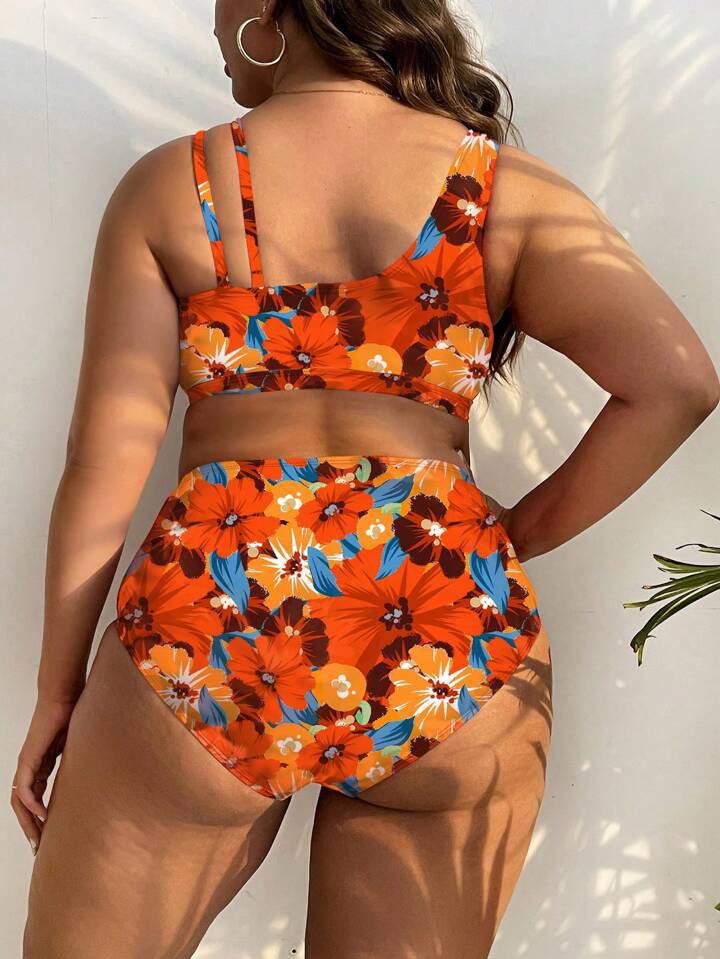 Plus-Size Floral Crossover High-Waist Bikini Set