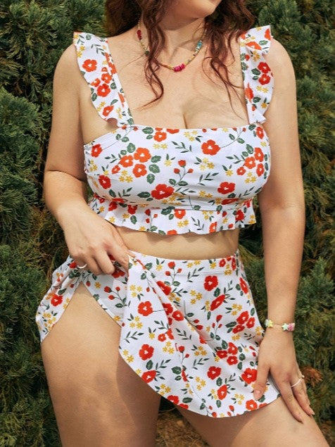 Plus-Size Floral Ruffle-Strap Three-Piece Skirted Swim Set