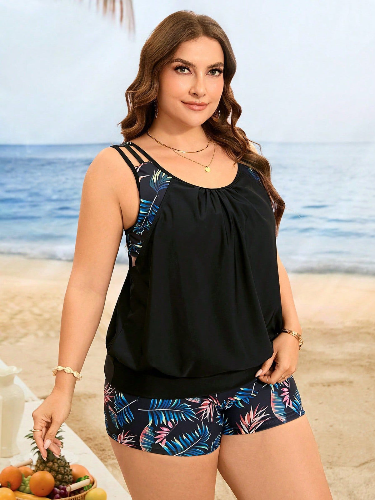 Plus-Size Modest Tropical Blouson Tankini with Boyleg Shorts
