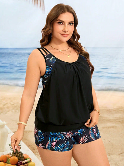 Plus-Size Modest Tropical Blouson Tankini with Boyleg Shorts