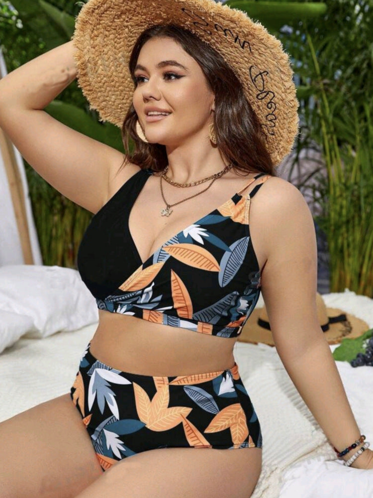Plus-Size Floral Crossover High-Waist Bikini Set