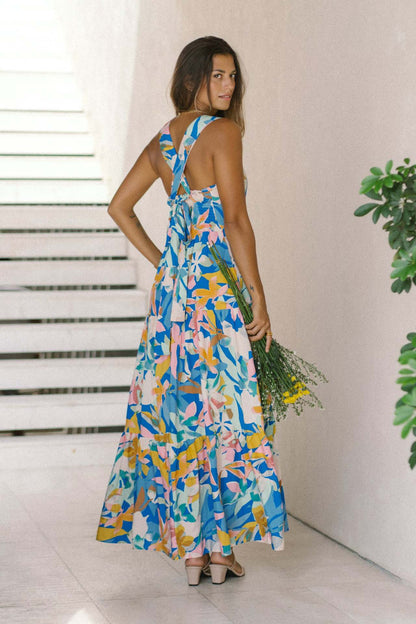 New High-End Beach Floral Print Long Camisole Dress Multicolor