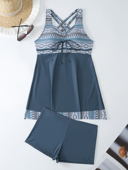 Plus Size Pink & Blue Abstract Print Swim Dress - Flattering Ruched Front