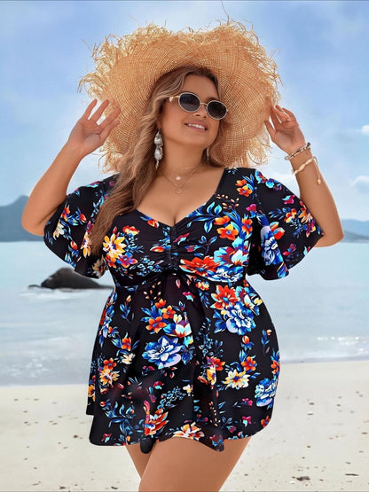 Plus Size Floral Flutter Sleeve Tankini Set - Tummy Control Two-Piece Bathers with Modest Shorts Black