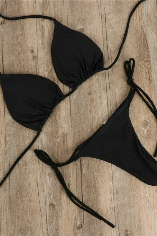 New Arrival Bikini Set – Solid Color Triangle Top & Adjustable Tied Bottom Black