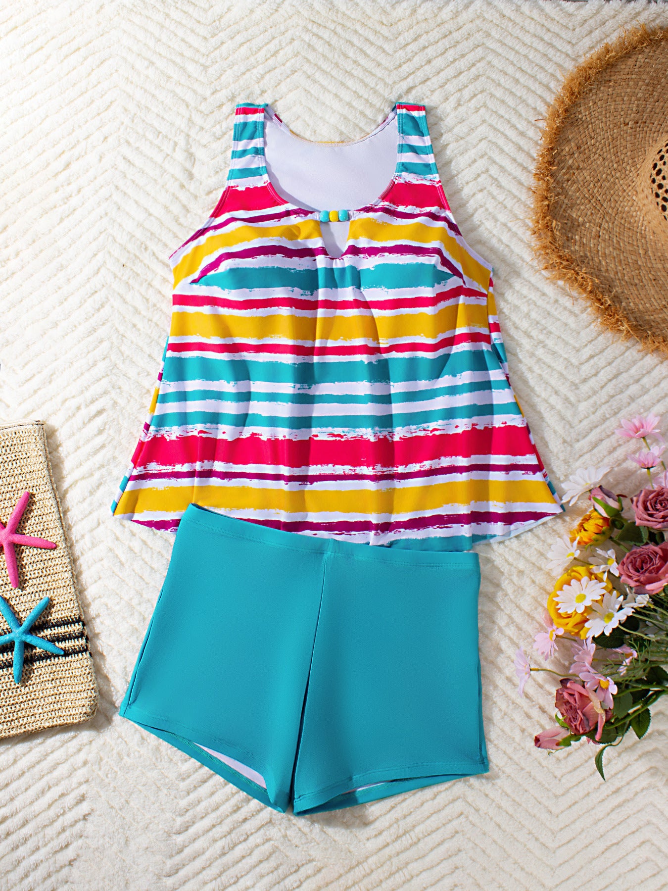 Vibrant Multi-Stripe Tankini Set with Comfortable Boy Shorts - Tummy Control Plus Size Bathers for Women