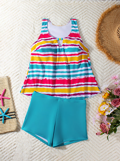 Vibrant Multi-Stripe Tankini Set with Comfortable Boy Shorts - Tummy Control Plus Size Bathers for Women
