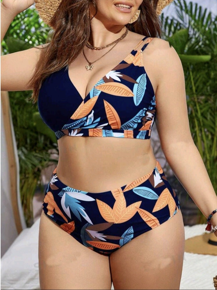 Plus-Size Floral Crossover High-Waist Bikini Set