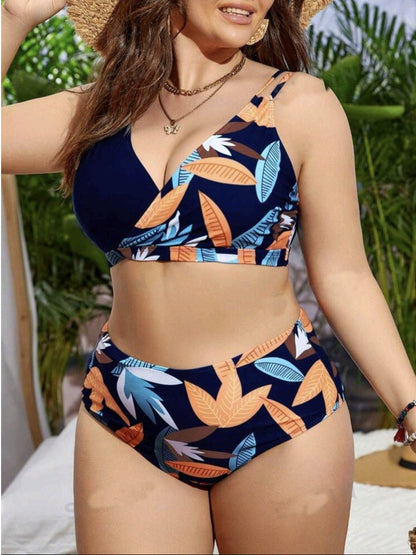 Plus-Size Floral Crossover High-Waist Bikini Set
