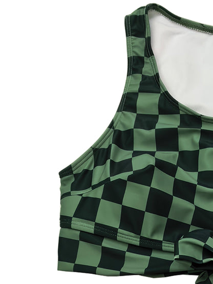 Plus-Size Checkerboard Tie-Front High-Waist Bikini Set