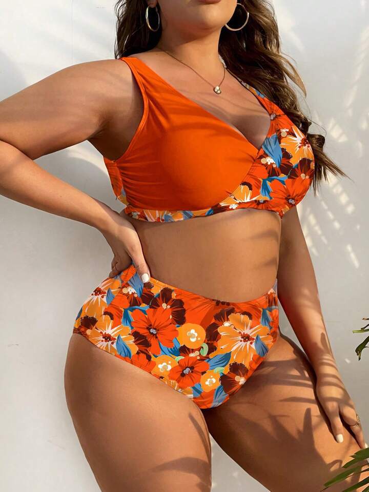 Plus-Size Floral Crossover High-Waist Bikini Set