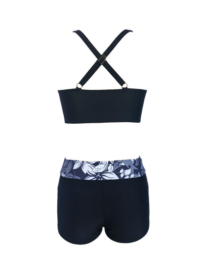 Floral Print Tie-Front Bikini for Women - Black V-Neck Bikini Top and High Waisted Boy Short Bottoms Black