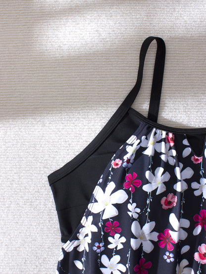 Plus-Size Black Floral Tankini Set with Drawstring Boyshorts