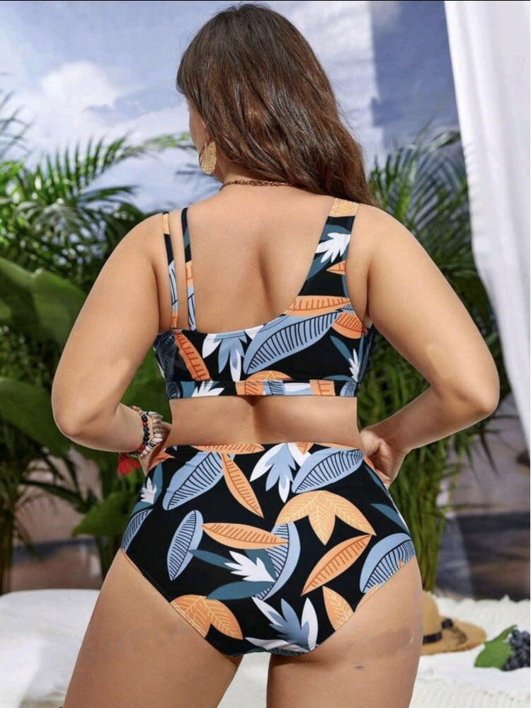 Plus-Size Floral Crossover High-Waist Bikini Set