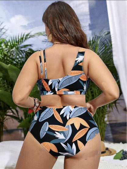 Plus-Size Floral Crossover High-Waist Bikini Set