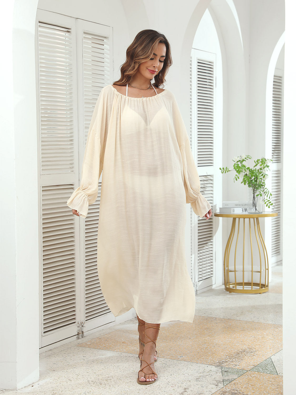 Plus Size Relaxed Long Sleeve Maxi Beach Cover-Up