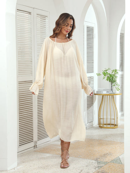 Plus Size Relaxed Long Sleeve Maxi Beach Cover-Up