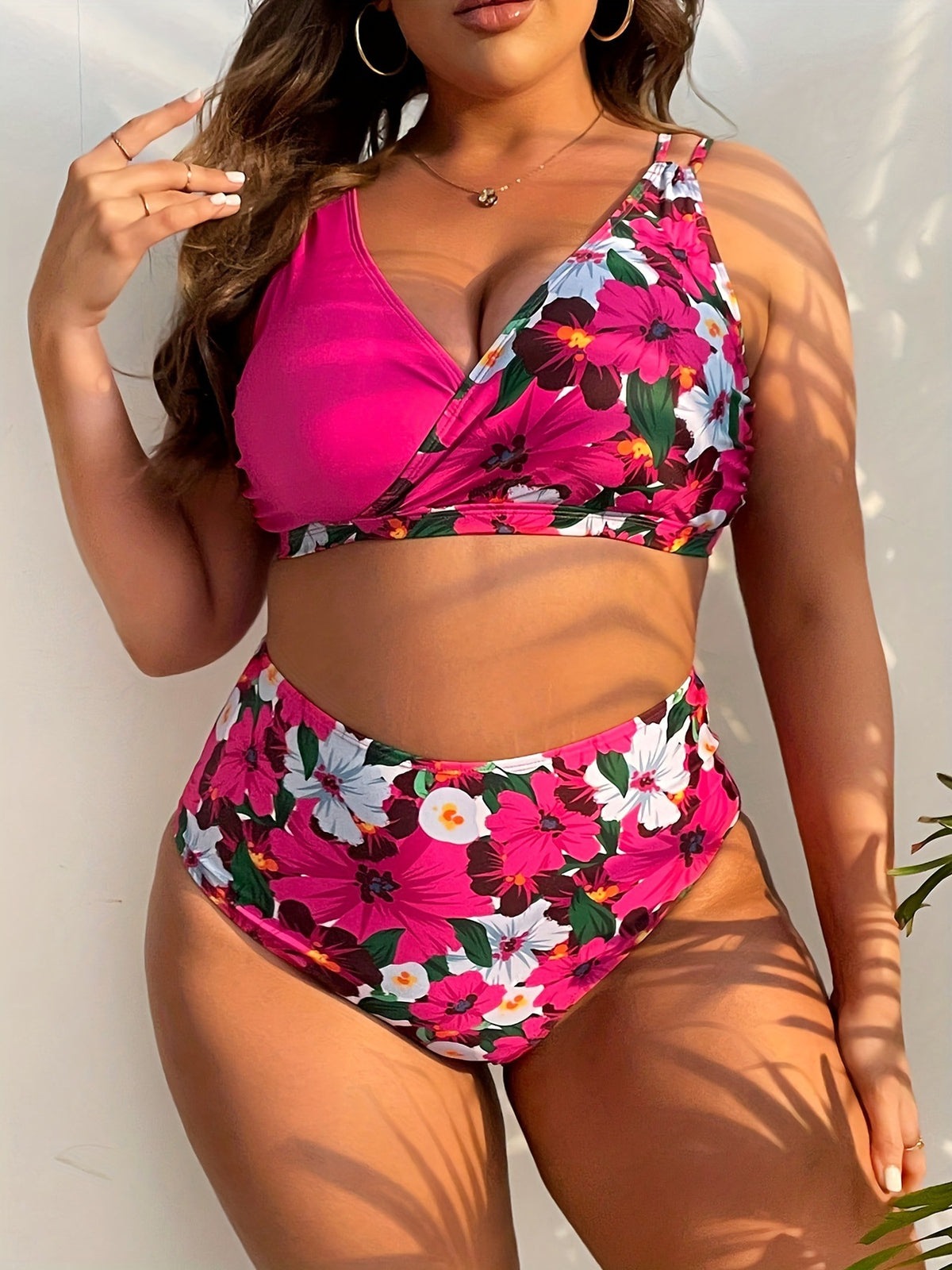 Plus-Size Floral Crossover High-Waist Bikini Set