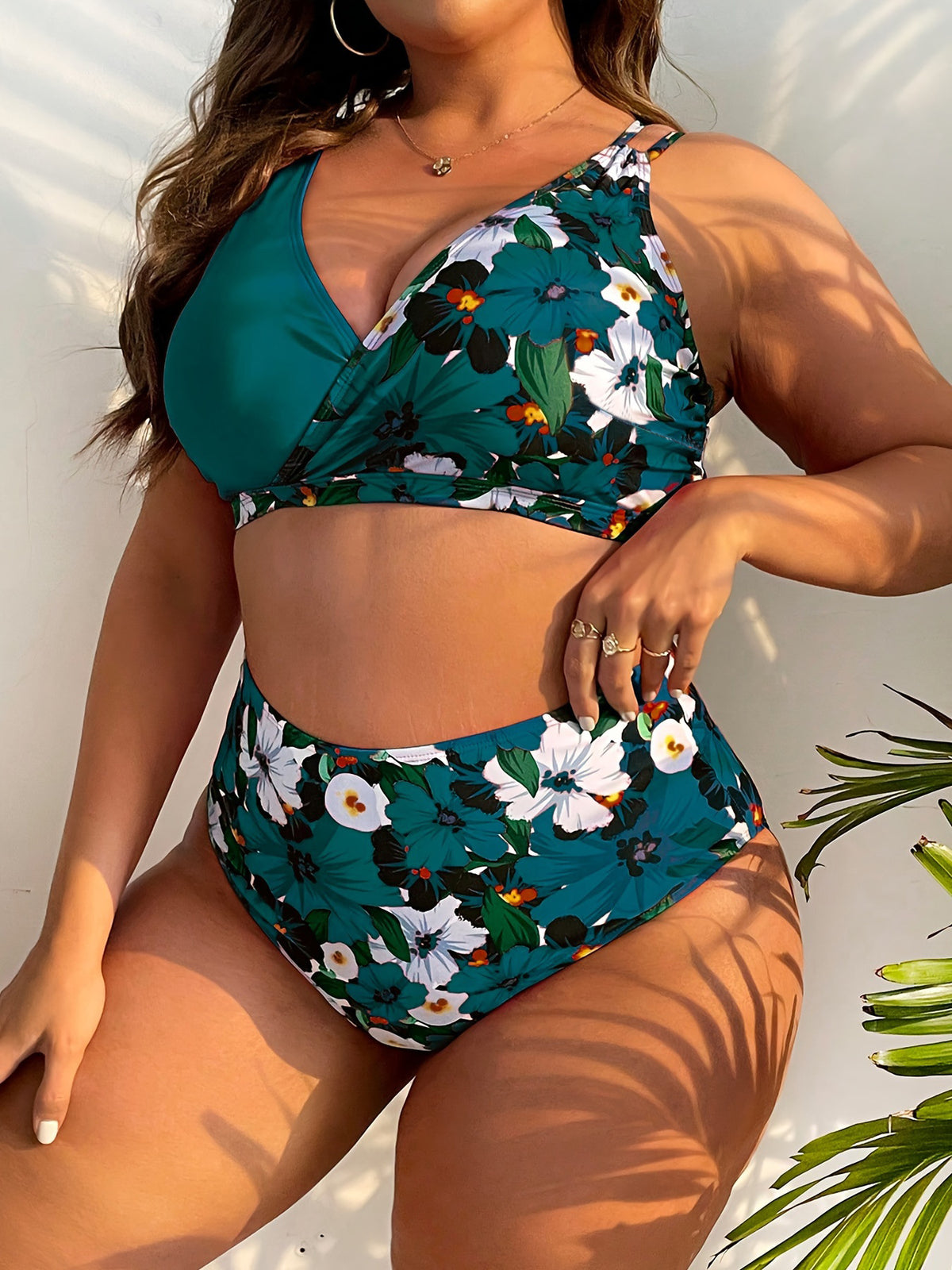 Plus-Size Floral Crossover High-Waist Bikini Set