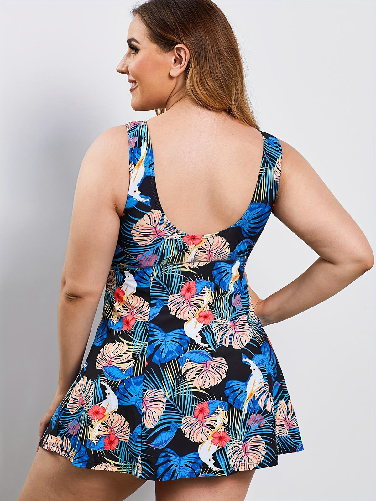 Plus-Size Tropical Print Tie-Waist Swim Dress