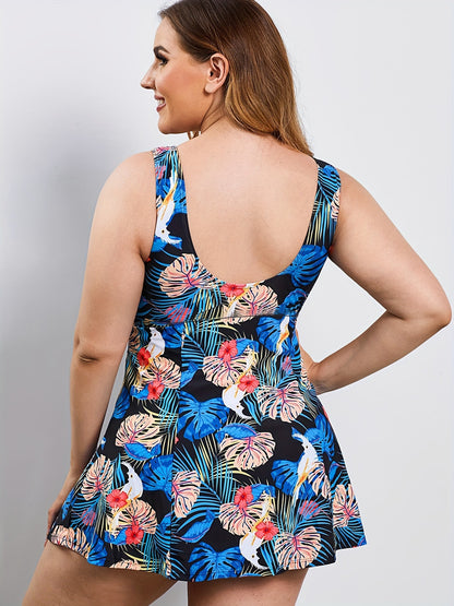Plus-Size Tropical Print Tie-Waist Swim Dress