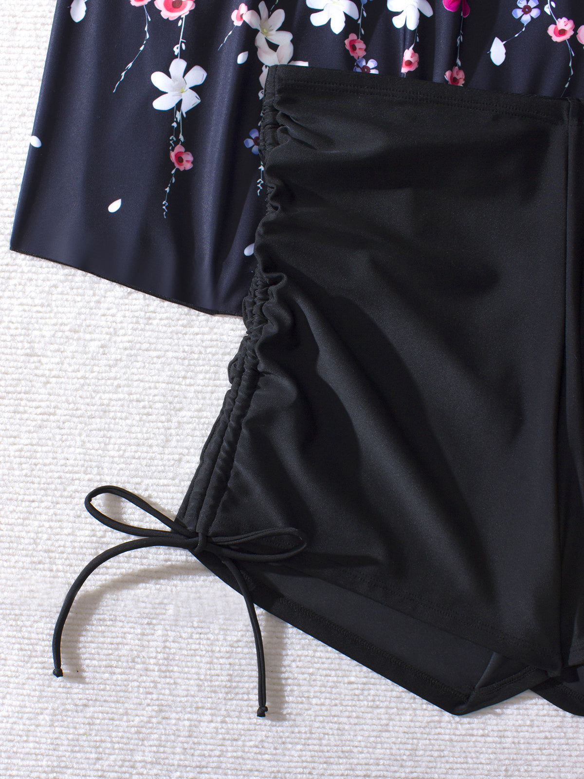 Plus-Size Black Floral Tankini Set with Drawstring Boyshorts