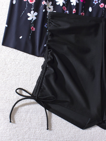 Plus-Size Black Floral Tankini Set with Drawstring Boyshorts