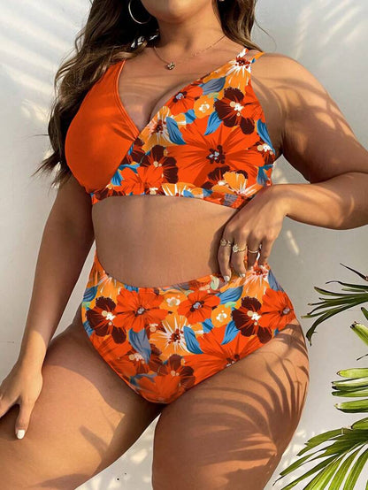 Plus-Size Floral Crossover High-Waist Bikini Set