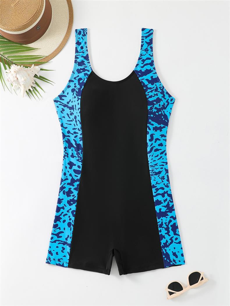 Plus-Size Printed Side Panel Boyleg One-Piece Swimsuit