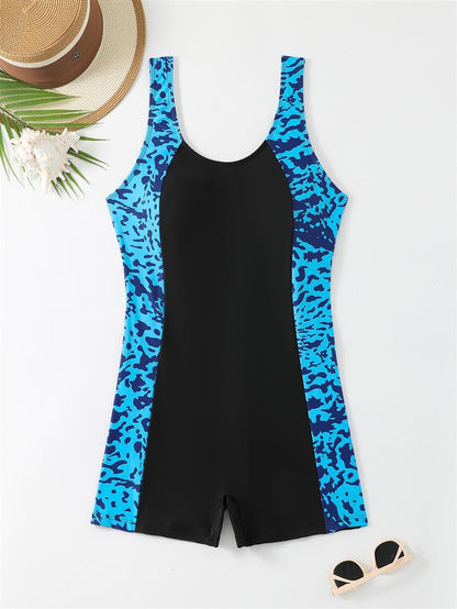 Plus-Size Printed Side Panel Boyleg One-Piece Swimsuit