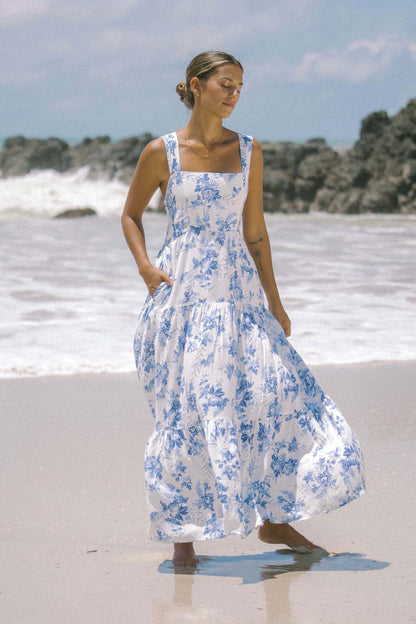 New High-End Beach Floral Print Long Camisole Dress White & Blue
