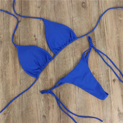 New Arrival Bikini Set – Solid Color Triangle Top & Adjustable Tied Bottom Blue