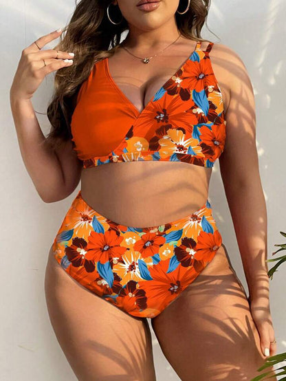 Plus-Size Floral Crossover High-Waist Bikini Set