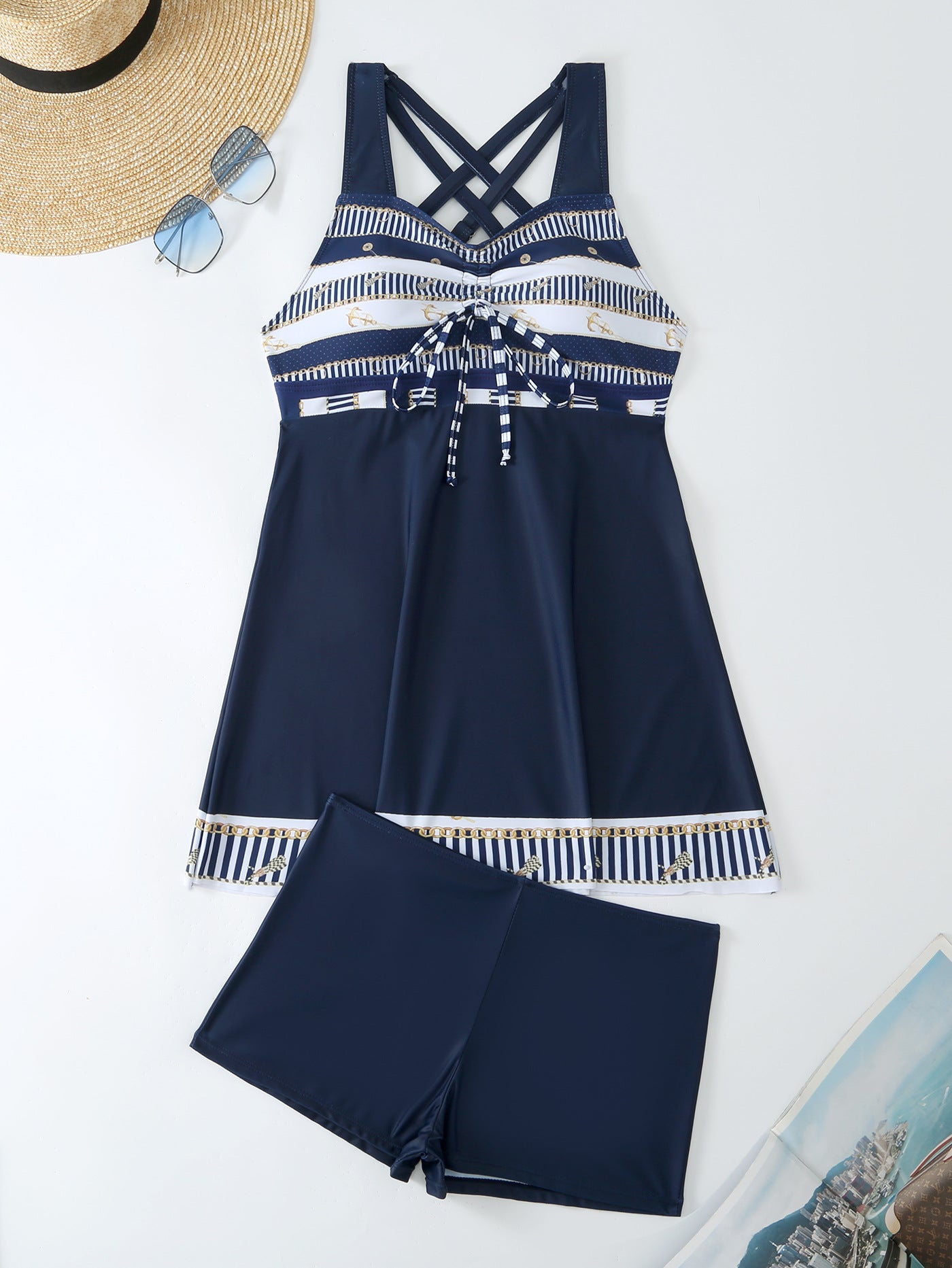 Plus Size Pink & Blue Abstract Print Swim Dress - Flattering Ruched Front