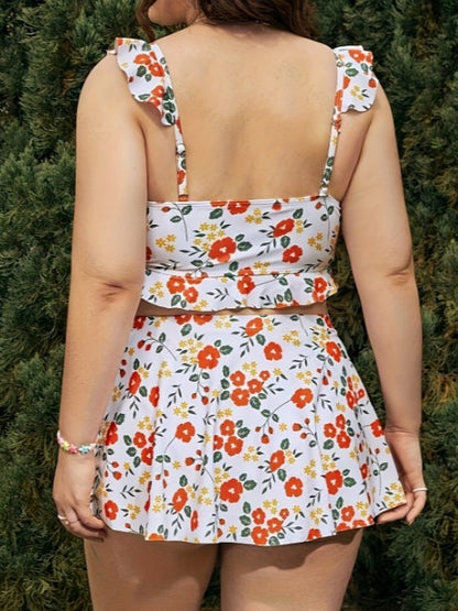 Plus-Size Floral Ruffle-Strap Three-Piece Skirted Swim Set