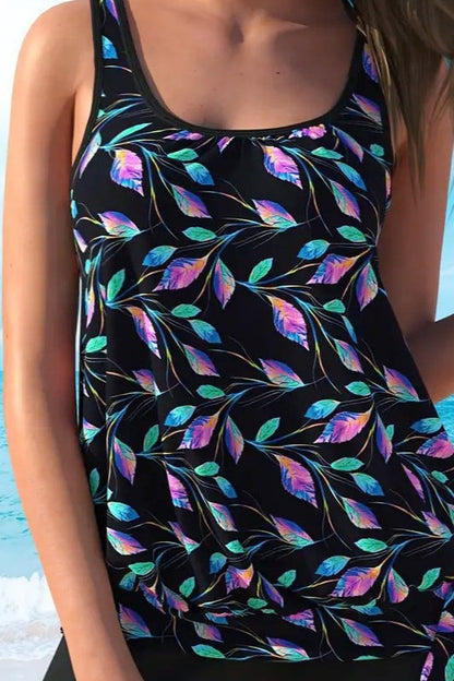 Plus Size Floral Tankini Swimwear Set Black and Purple