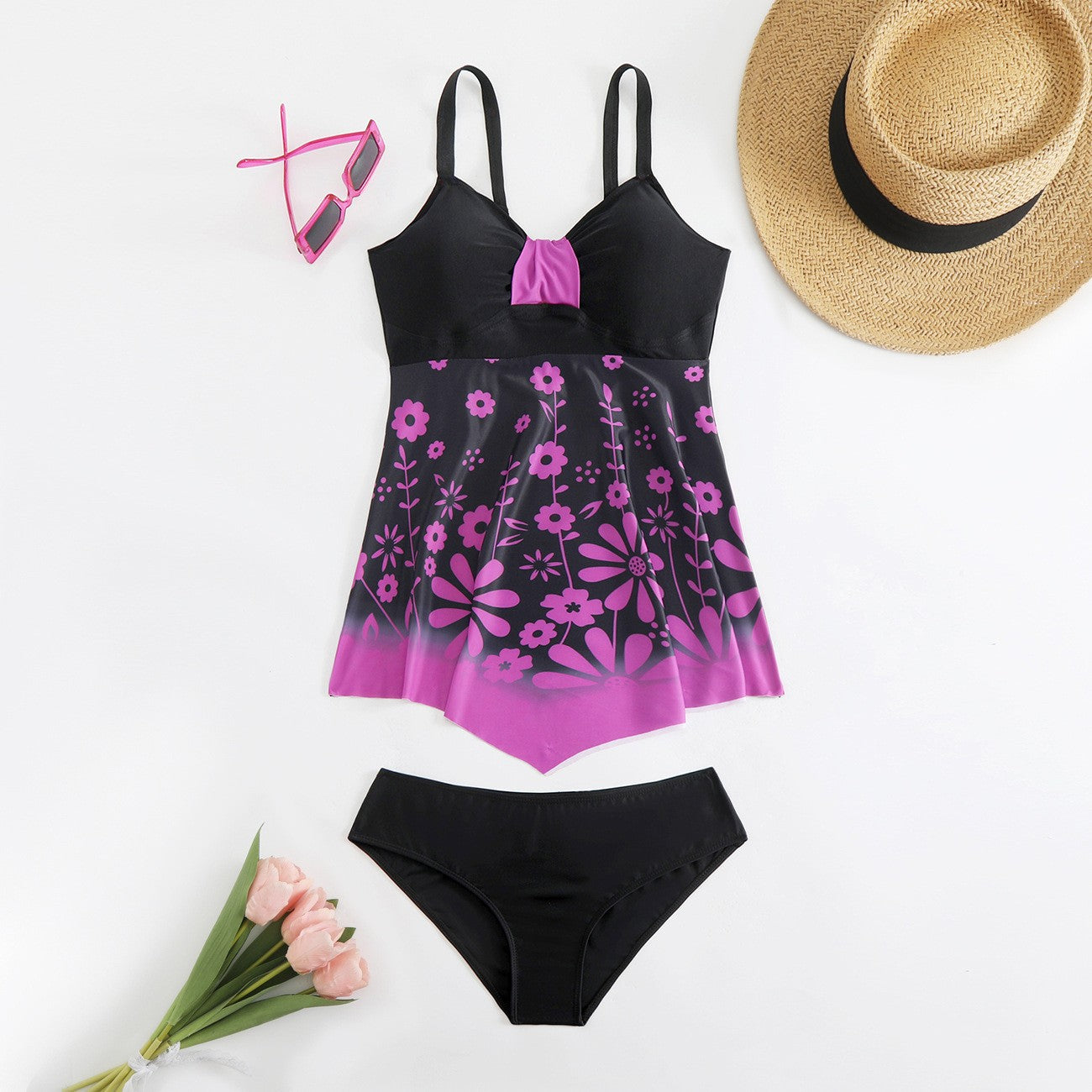 Floral Print Cyan Ombre Swimdress And Panty Rose Red