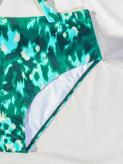 Plus-Size Printed Three-Piece Bikini Set with High-Waist Bottom and Sheer Cover-Up