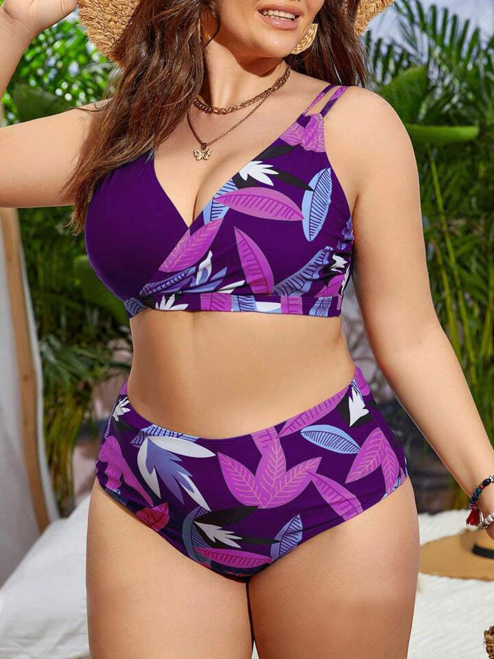 Plus-Size Floral Crossover High-Waist Bikini Set