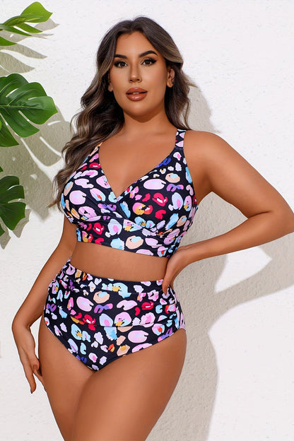 Plus Size Vibrant Abstract Print High-Waist Bikini