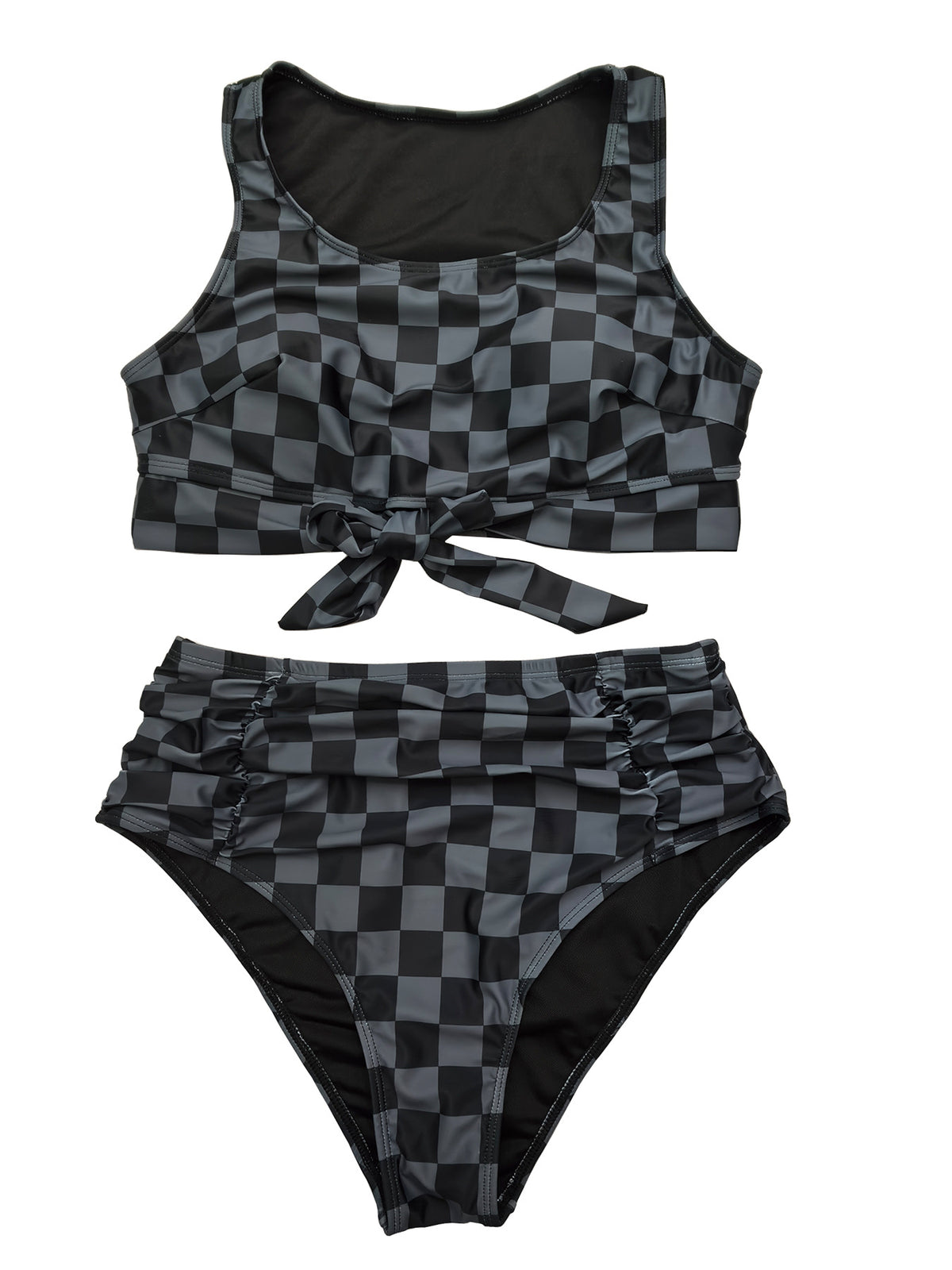 Plus-Size Checkerboard Tie-Front High-Waist Bikini Set