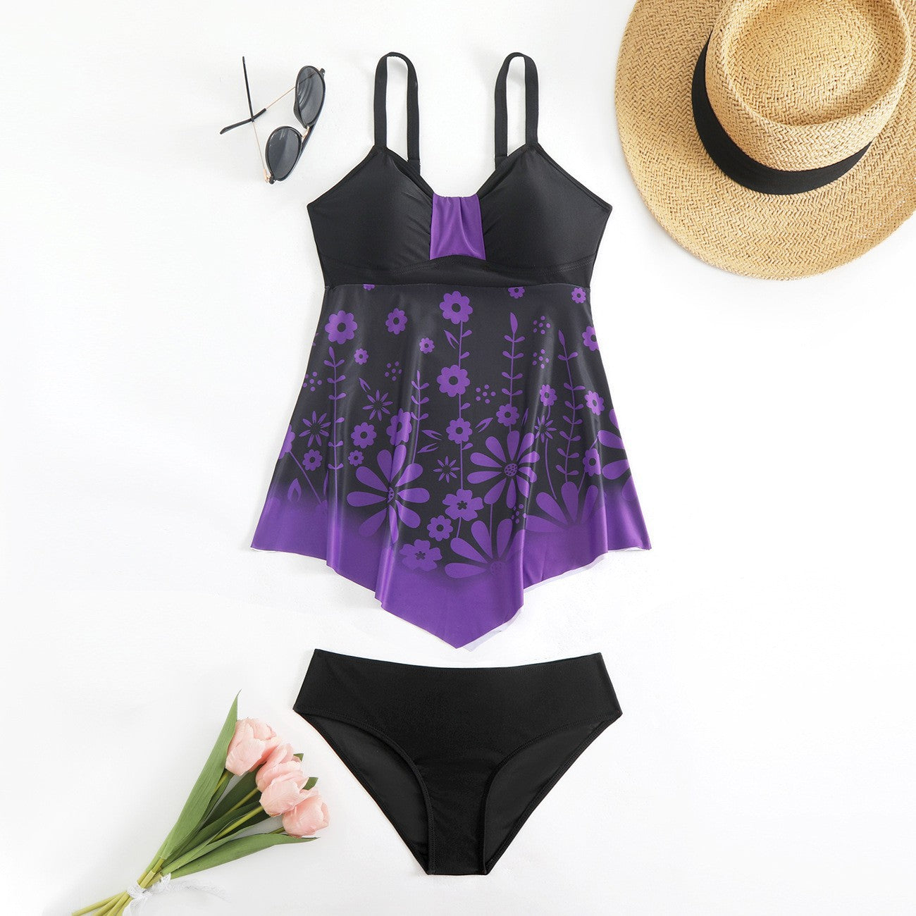 Floral Print Cyan Ombre Swimdress And Panty Rose Red