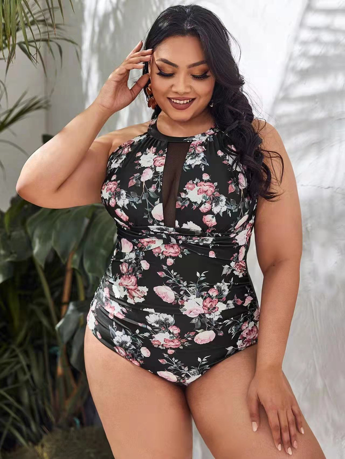 Plus-Size Floral High-Neck One-Piece Swimsuit with Mesh Detail