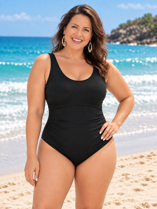 Plus-Size Black Ruched One-Piece Swimsuit with Scoop Neck