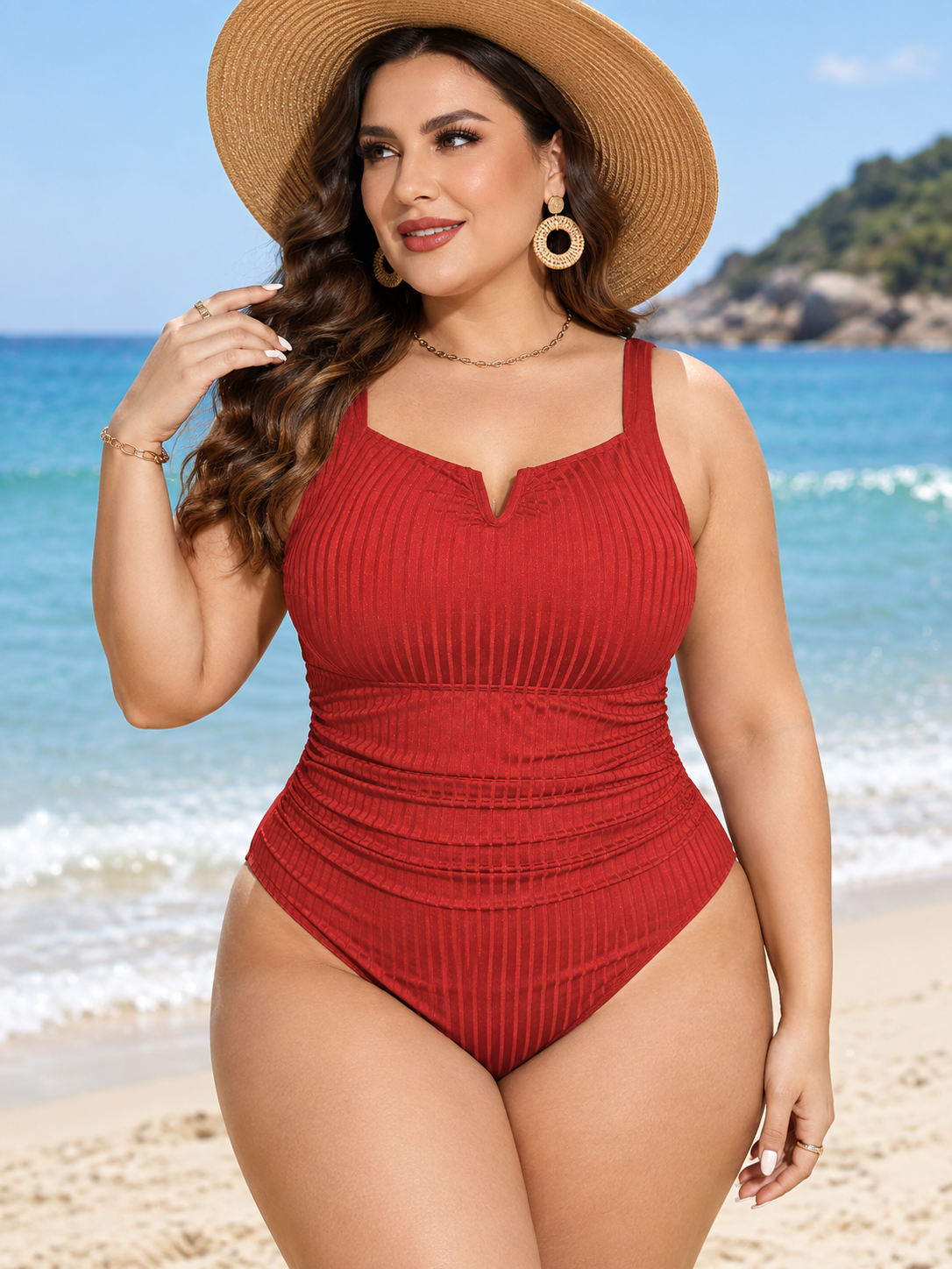 Plus-Size Ribbed Ruched Tummy-Control One-Piece Swimsuit
