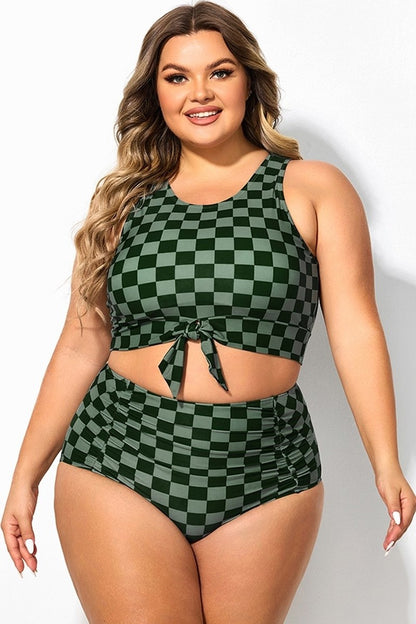 Plus-Size Checkerboard Tie-Front High-Waist Bikini Set